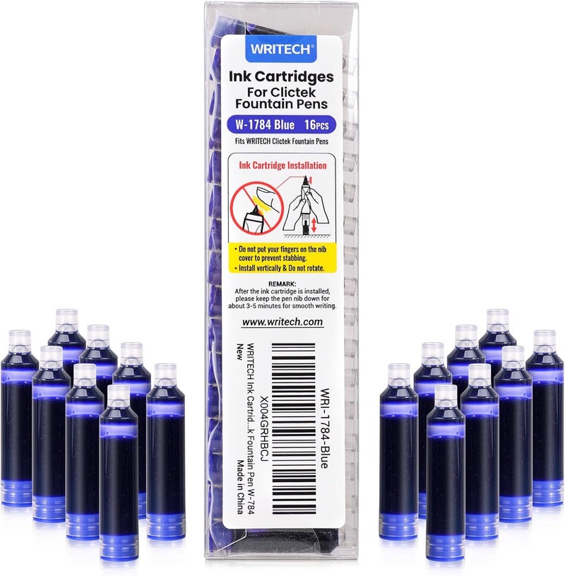 WRITECH Blue Ink Cartridge Set: 16 Ink Cartridges Clictek Fountain Pens - Image 1
